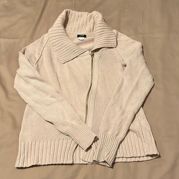 J Crew size XS cream long sleeve angled zip front floppy collar cardigan GUC - Picture 2 of 7